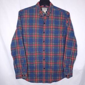 LL Bean Flannel Shirt Mens Large Scotch Plaid Blue, Red Slightly Fitted